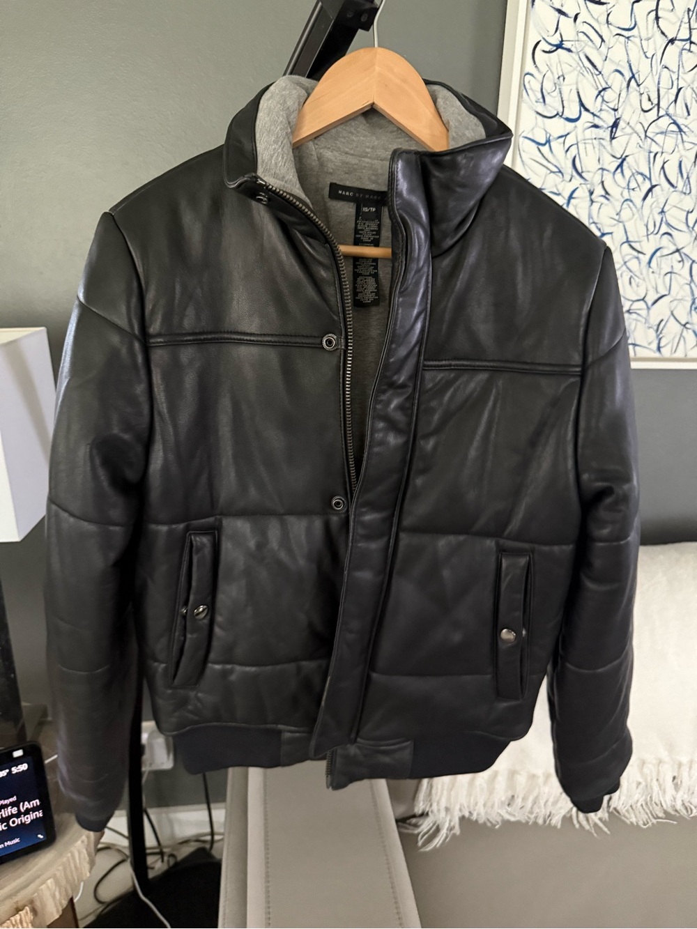 Marc Jacobs Men’s Black Leather Bomber Jacket with Gray Hood Liner
